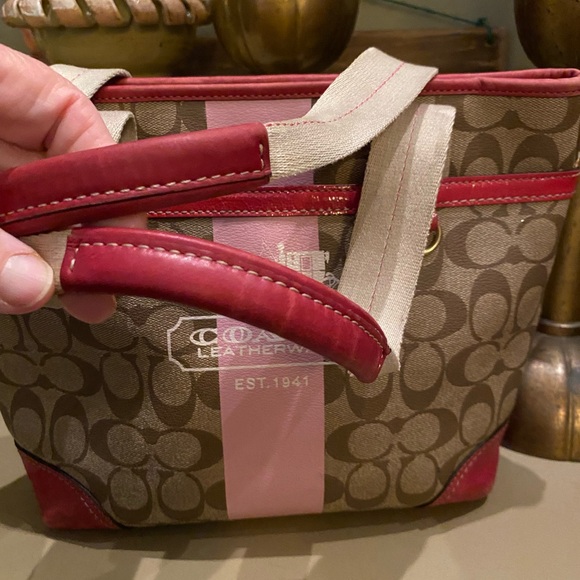 Coach Signature Pink Beige Heritage Stripe F11349 Tote Shoulder Bag - Picture 14 of 16